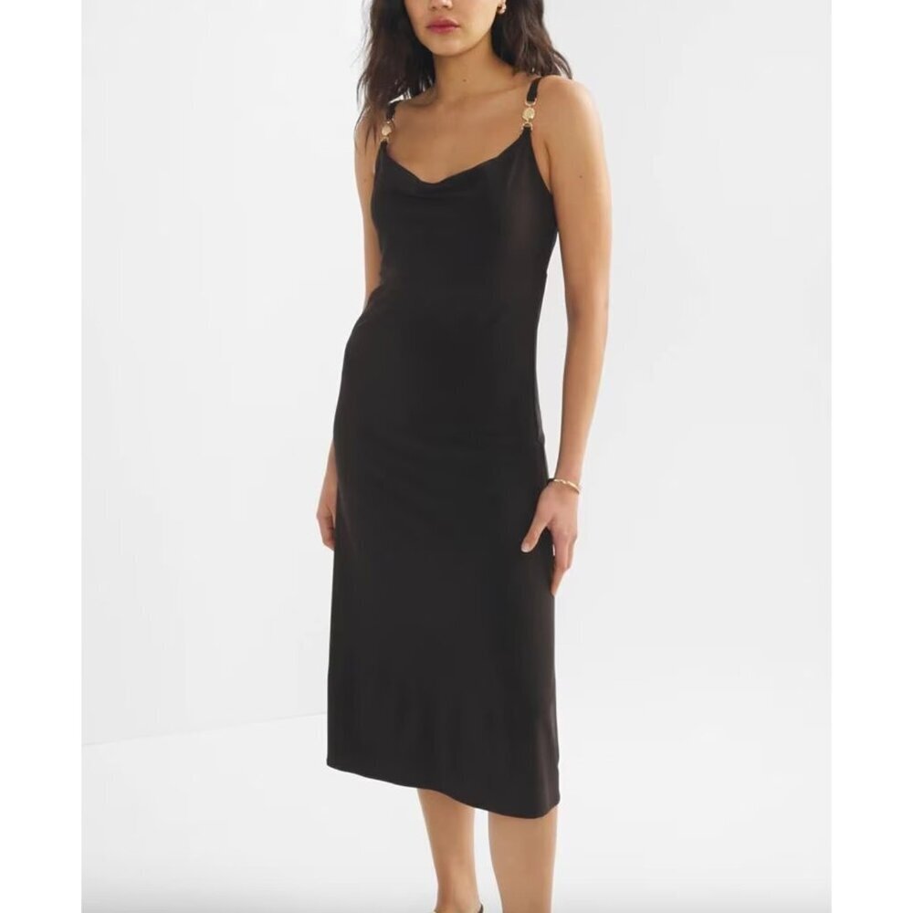 WHBM Black Cowl Neck Slip Dress Gold‎ Accents Size 6 NWT Slinky Sexy